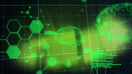 Poster - Animation of data processing and digital brains over glowing lights on black backrgound