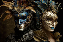 Two Venetian Carnival Masks On A Dark Background. Generative AI