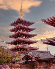 Five-story Pagoda And The Main Hall Of The Senso-ji Ancient Buddhist Temple In Asakusa, Tokyo, Japan