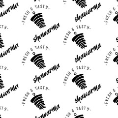 Shawarma Kebab logo pattern fast food. Seamless pattern. Concept of doner kebab logo, street food, barbecue, cuisine. Vintage design template, banner. Fresh vegetables. Vector hand drawn sketch illust