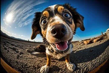 Funny smiling dog with big eyes mixed breed - wide fish eye perspective close up. AI generative