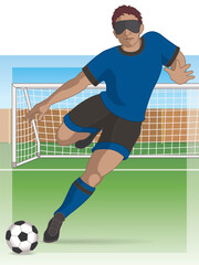 Wall Mural - para sports paralympic 5-a-side football visual impaired male player kicking ball with net and field in background