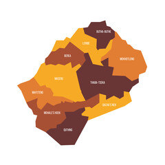 Naklejka na meble Lesotho political map of administrative divisions - districts. Flat vector map with name labels. Brown - orange color scheme.