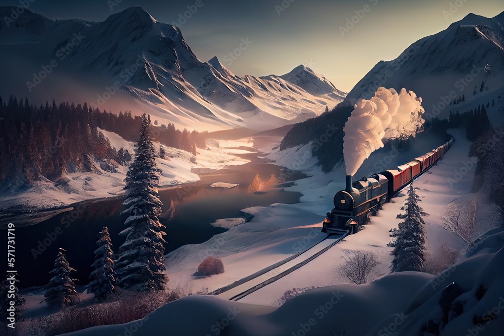 Snowy mountains with a steam locomotive train winding through the ...