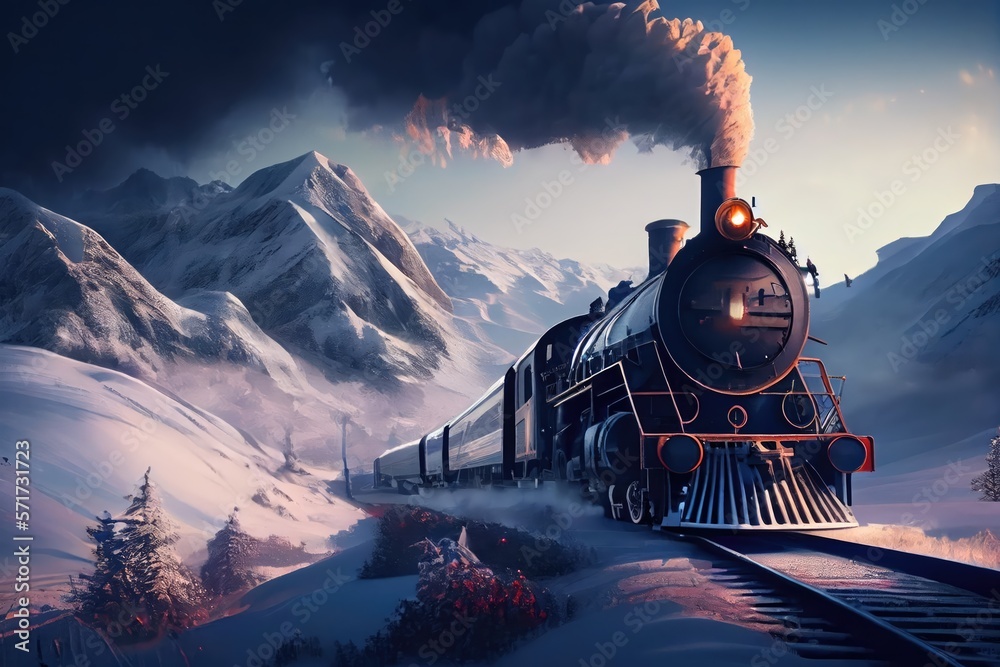 Stock-Illustration „Snowy mountains with a steam locomotive train ...
