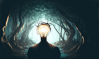 the light bulb man in the dark forest