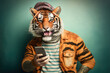 © RealPeopleStudio - Studio photo portrait of a happy tiger in hipster clothes holding a phone, created with Generative AI technology