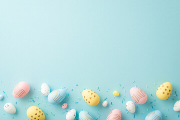 Wall Mural - top view photo of easter decorations yellow pink blue white eggs and sprinkles on isolated light blu