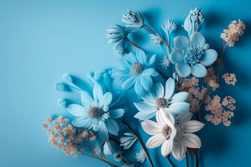 Wall Mural - Beautiful blue flowers on blue background with copy space. Illustration AI