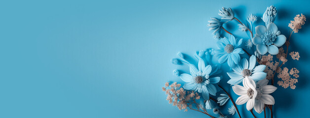 beautiful blue flowers on blue background with copy space. illustration ai