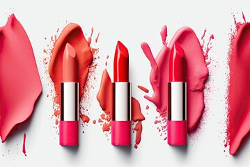 Wall Mural - Top view of the variation of feminine lipsticks in different shades with smudge effect on the white background. AI generative