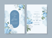 Watercolor Wedding Invitation Template Set With Beautiful  Blue Floral And Leaves Decoration