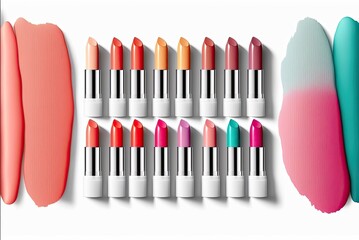 Wall Mural - Top view of the variation of feminine lipsticks in different shades with smudge effect on the white background. AI generative