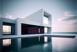Fototapeta Uliczki - Beautiful contemporary residential villa with modern architecture, swimming pool and sea view. Generative AI illustration