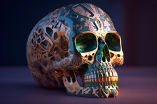 Green Skull Calavera With Golden Ornament. Generative AI Illustration