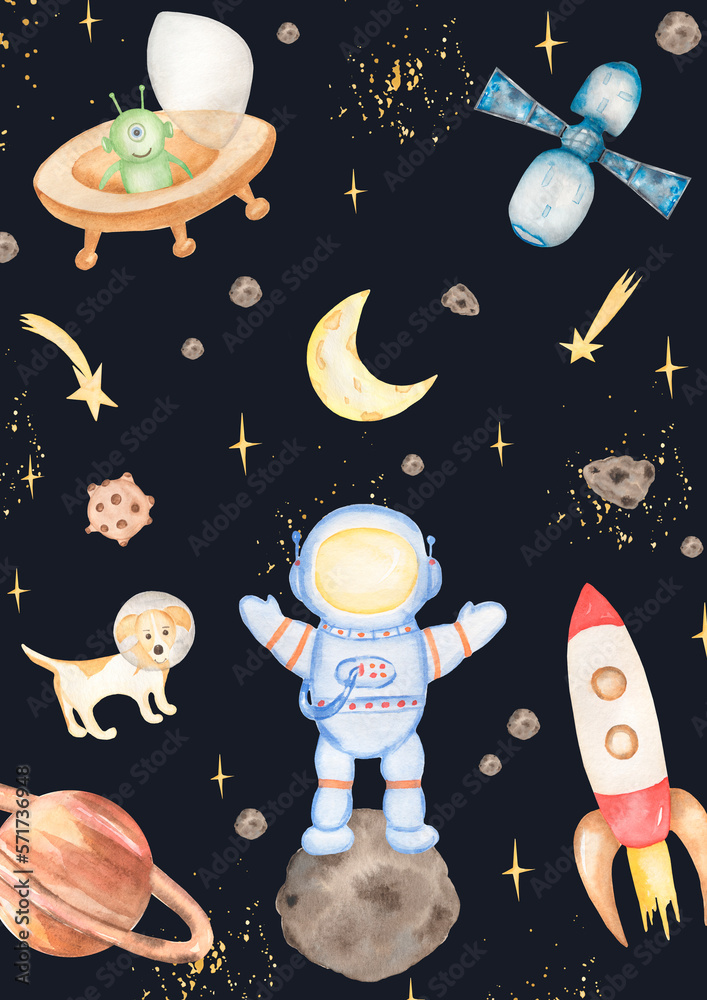 Space Entity Drawing Watercolor space elements: stars, planet, moon, astronaut, spaceship ...