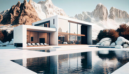 Wall Mural - Contemporary residential villa with modern architecture, swimming pool and ice mountain view. Generative AI illustration