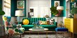 over the top eclectic living room filled with bold patterns and mix of vintage and modern furniture, concept of Maximalist Design and Unconventional Decor, created with Generative AI technology