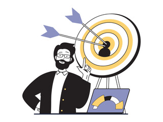 Poster - Digital marketing concept with character situation. Man analyzes audience and market trends, develops creative advertising and content. Vector illustrations with people scene in flat design for web