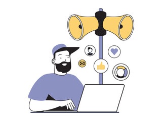 Aufkleber - Digital marketing concept with character situation. Man works on laptop, analyzes social media users and creates creative advertising. Vector illustrations with people scene in flat design for web