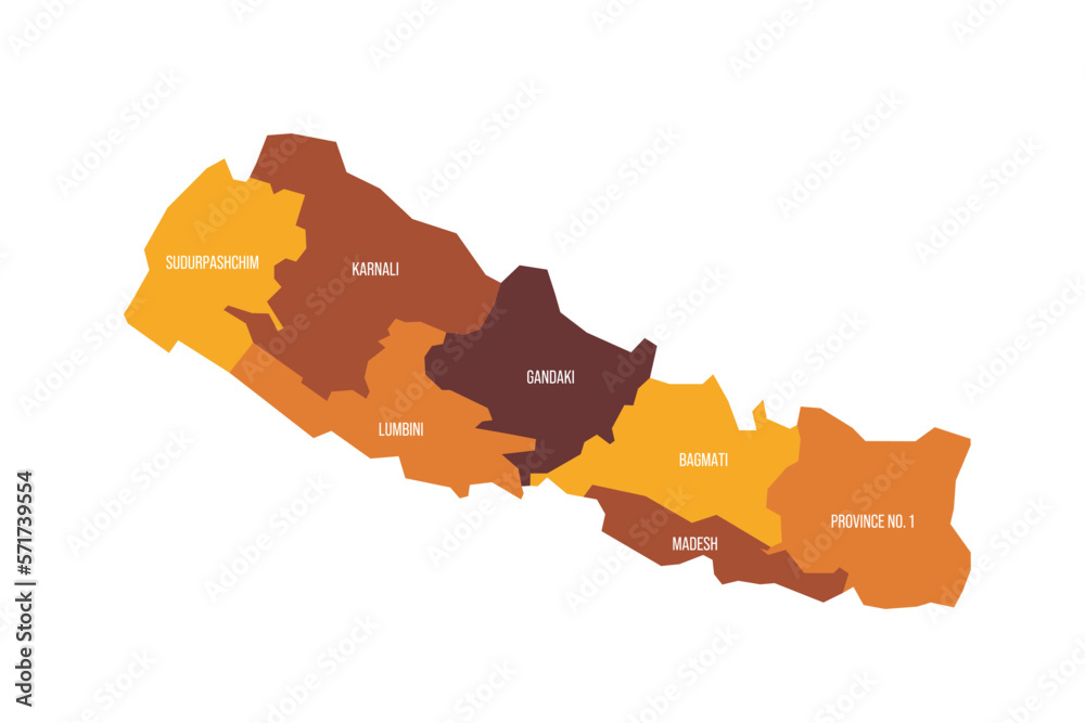 Nepal political map of administrative divisions - provinces. Flat ...