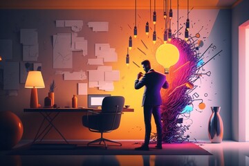 Wall Mural - bright idea and creative thinking, visualization of brainstorming, a colorful glowing idea bulb lamp, generative ai
