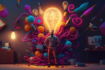 Wall Mural - bright idea and creative thinking, visualization of brainstorming, a colorful glowing idea bulb lamp, fictional person created with generative ai