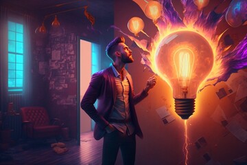 Wall Mural - bright idea and creative thinking, visualization of brainstorming, a colorful glowing idea bulb lamp, fictional person created with generative ai