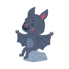 Poster - Cute happy bat sitting on stone. Halloween symbol. Funny mascot character cartoon vector illustration