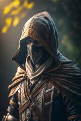 a man in assassin suit with sword and mask, creative ai