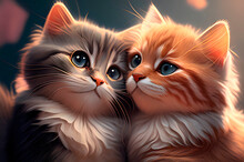 Generative AI, A Portrait Of A Couple Of Cats In Love, Cartoon Cats Close-up Drawn With Paints
