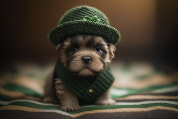 Cute Dog with Green St. Patrick's Day Hat on blurred colored background