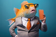 Studio photo portrait of a happy fish in business clothes standing with phone, created with Generative AI technology