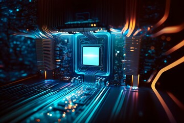 Poster - Cyber Space Connection Technology Computer Background with Chipset Central Processor. Generative AI