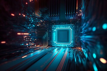 Poster - cyber space connection technology computer background with chipset central processor. generative ai