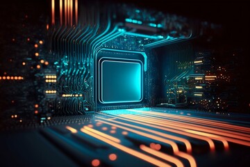 Poster - Cyber Space Connection Technology Computer Background with Chipset Central Processor. Generative AI