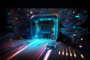Poster - Cyber Space Connection Technology Computer Background with Chipset Central Processor. Generative AI