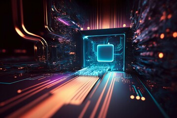 Poster - Cyber Space Connection Technology Computer Background with Chipset Central Processor. Generative AI