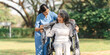 © NanSan - Young asian care helper with asia elderly woman on wheelchair relax together park outdoors to help and encourage and rest your mind with green nature.