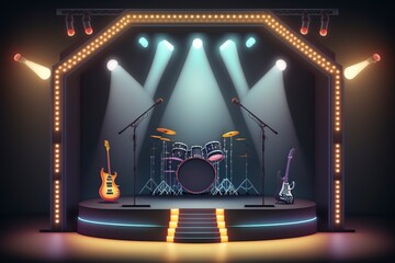 Poster - cartoon illustration, concert stage with bright decoration and spotlight, ai generative