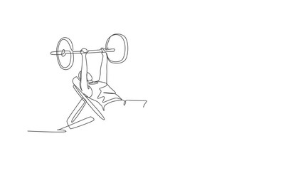 Poster - animated self drawing of single continuous line draw young sportive man training lift barbell on ben