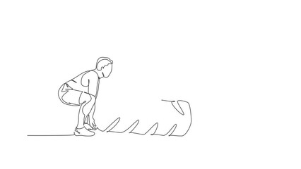Poster - Animated self drawing of one continuous line draw young sporty man working out lift and push big heavy tire in fitness gym club center. Healthy fitness sport concept. Full length single line animation