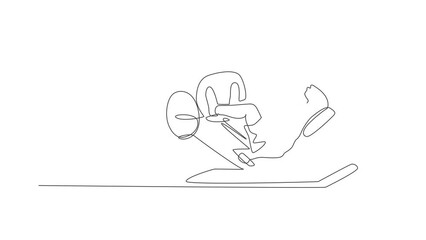 Poster - animated self drawing of single continuous line draw young sportive man training with leg press in s