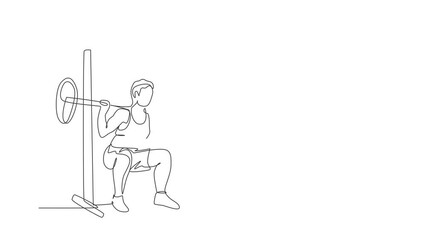 Poster - animated self drawing of single continuous line draw young sportive man train lifting barbell in spo