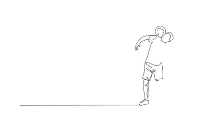 Poster - Animated self drawing of single continuous line draw young sportive man train soccer freestyle, hold the ball with shoulder on the field. Football freestyler concept. Full length one line animation.