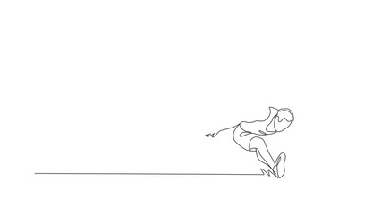 Poster - animated self drawing of continuous line draw young sporty man practicing to land on sand pool after
