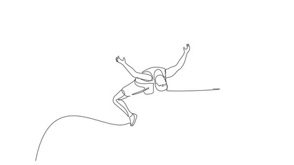 Poster - Animated self drawing of continuous line draw young sporty man practicing pass through the bar in high jump game. Healthy athletic sport concept. Championship event. Full length single line animation.