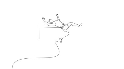 Poster - Animation of one line drawing of energetic man success to pass the bar on high jump match. Healthy athletic sport concept. Competition event. Continuous line self draw animated. Full length motion.