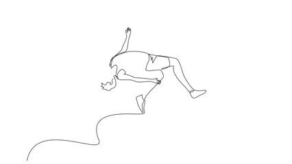 Poster - Animated self drawing of one continuous line draw young sporty man success to pass the bar on high jump game. Healthy athletic sport concept. Championship event. Full length single line animation.