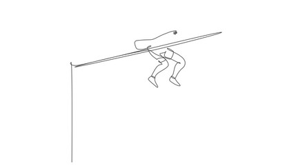 Poster - Animation of one line drawing of young energetic woman exercise jump high to pass the bar. Healthy athletic sport concept. Competition event. Continuous line self draw animated. Full length motion.